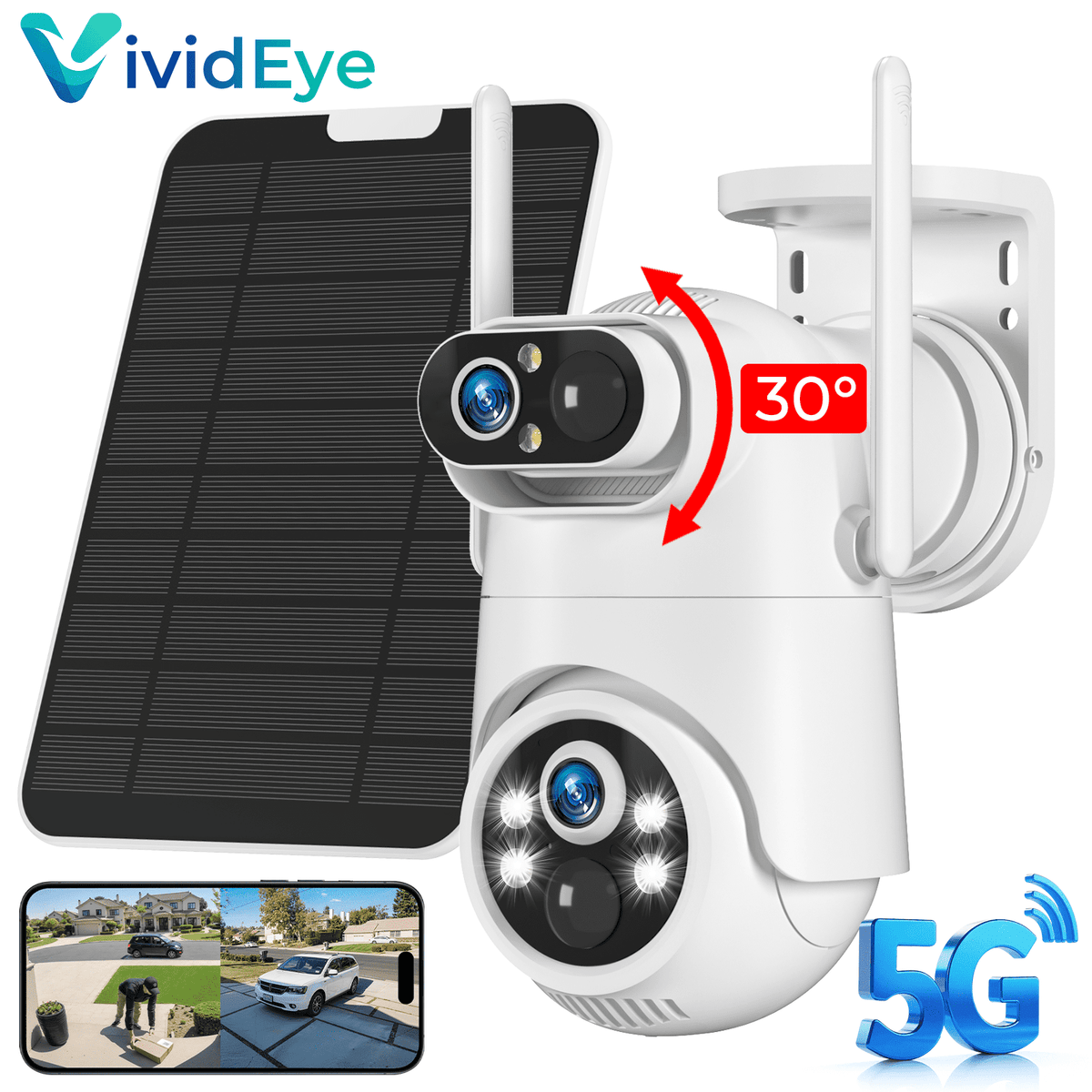 VividEye 4K Dual-Lens Solar Security Camera, 360° PTZ Surveillance security Cameras Wireless Wifi Outdoor, IP65 Waterproof PIR Detection, Full Color Night Vision, 2-Way Audio, Rechargeable Batter